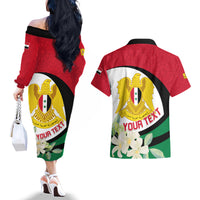 Syria Independence Day Couples Matching Off The Shoulder Long Sleeve Dress and Hawaiian Shirt Syrian Coat Of Arms With Jasmine Flower - Wonder Print Shop