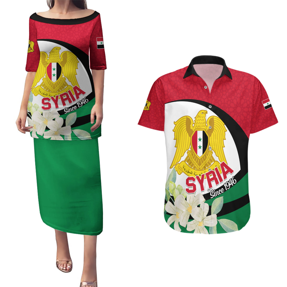 Syria Independence Day Couples Matching Puletasi and Hawaiian Shirt Syrian Coat Of Arms With Jasmine Flower - Wonder Print Shop