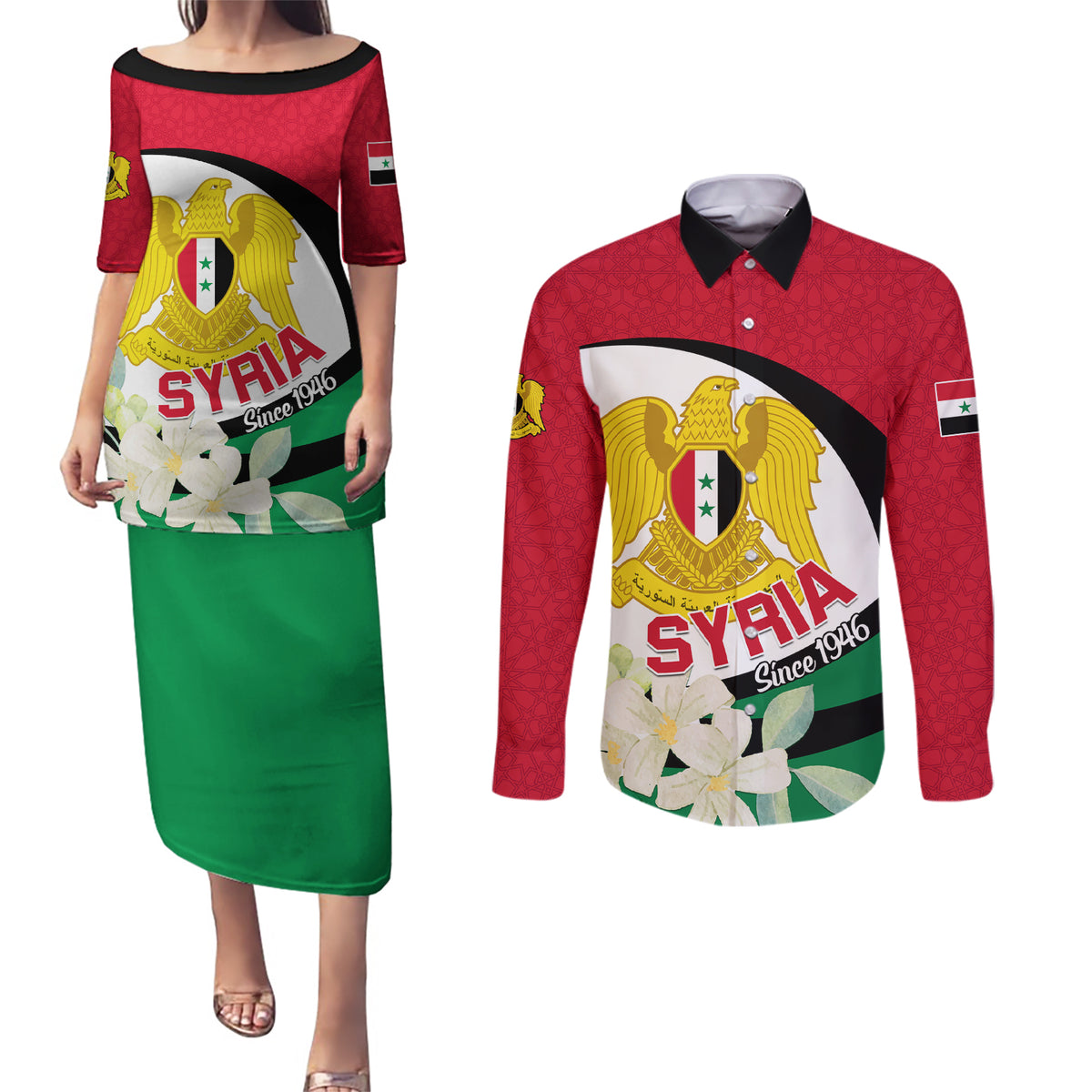 Syria Independence Day Couples Matching Puletasi and Long Sleeve Button Shirt Syrian Coat Of Arms With Jasmine Flower - Wonder Print Shop