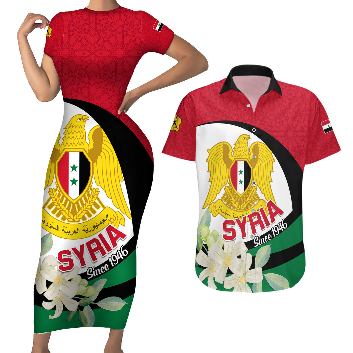 Syria Independence Day Couples Matching Short Sleeve Bodycon Dress and Hawaiian Shirt Syrian Coat Of Arms With Jasmine Flower - Wonder Print Shop