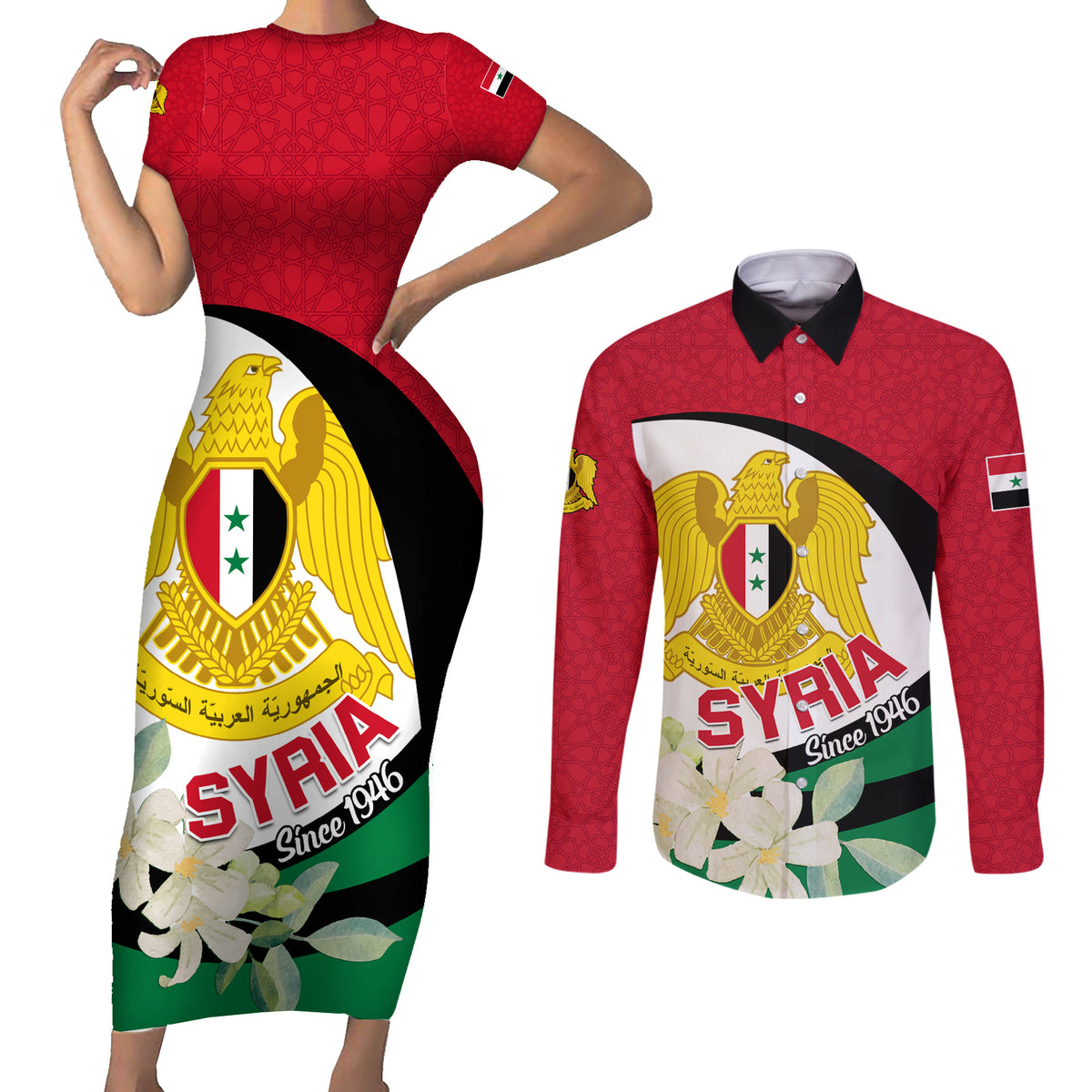 Syria Independence Day Couples Matching Short Sleeve Bodycon Dress and Long Sleeve Button Shirt Syrian Coat Of Arms With Jasmine Flower - Wonder Print Shop