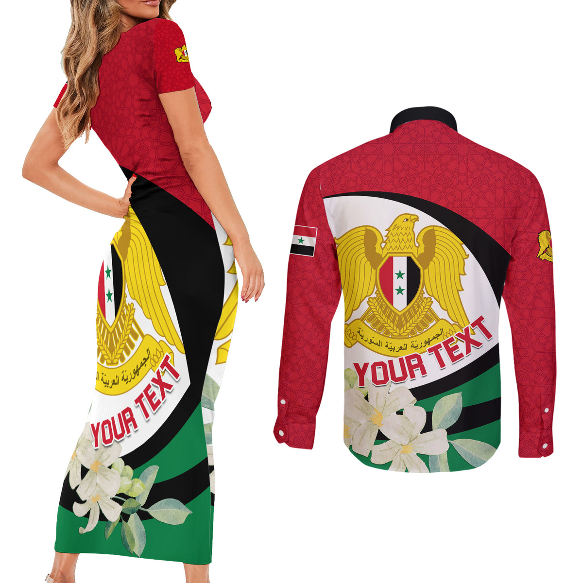 Syria Independence Day Couples Matching Short Sleeve Bodycon Dress and Long Sleeve Button Shirt Syrian Coat Of Arms With Jasmine Flower - Wonder Print Shop