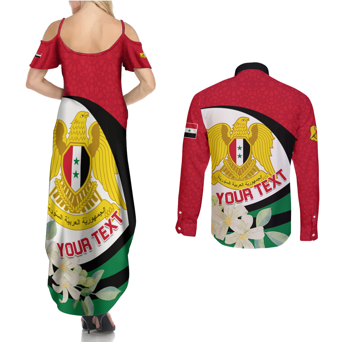 Syria Independence Day Couples Matching Summer Maxi Dress and Long Sleeve Button Shirt Syrian Coat Of Arms With Jasmine Flower - Wonder Print Shop