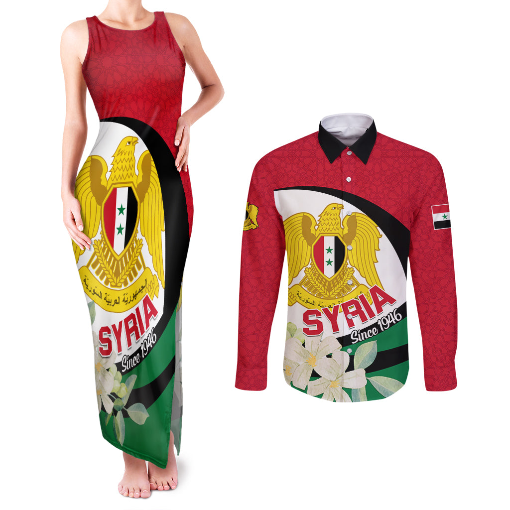 Syria Independence Day Couples Matching Tank Maxi Dress and Long Sleeve Button Shirt Syrian Coat Of Arms With Jasmine Flower - Wonder Print Shop