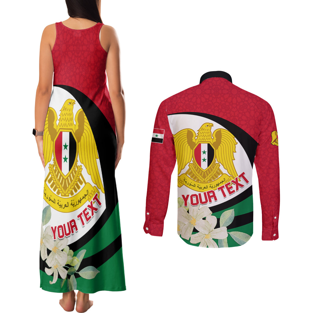 Syria Independence Day Couples Matching Tank Maxi Dress and Long Sleeve Button Shirt Syrian Coat Of Arms With Jasmine Flower - Wonder Print Shop