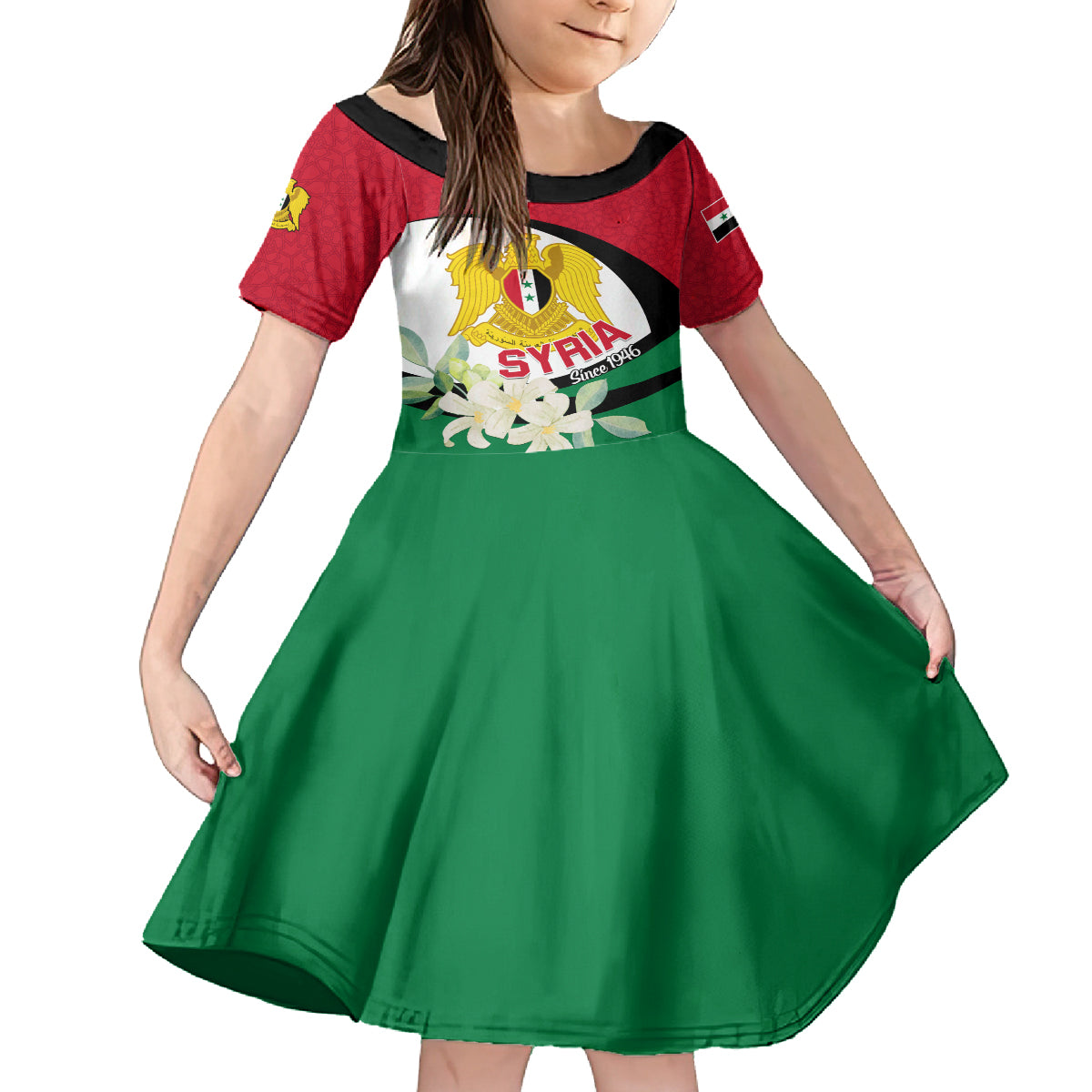 Syria Independence Day Family Matching Long Sleeve Bodycon Dress and Hawaiian Shirt Syrian Coat Of Arms With Jasmine Flower - Wonder Print Shop