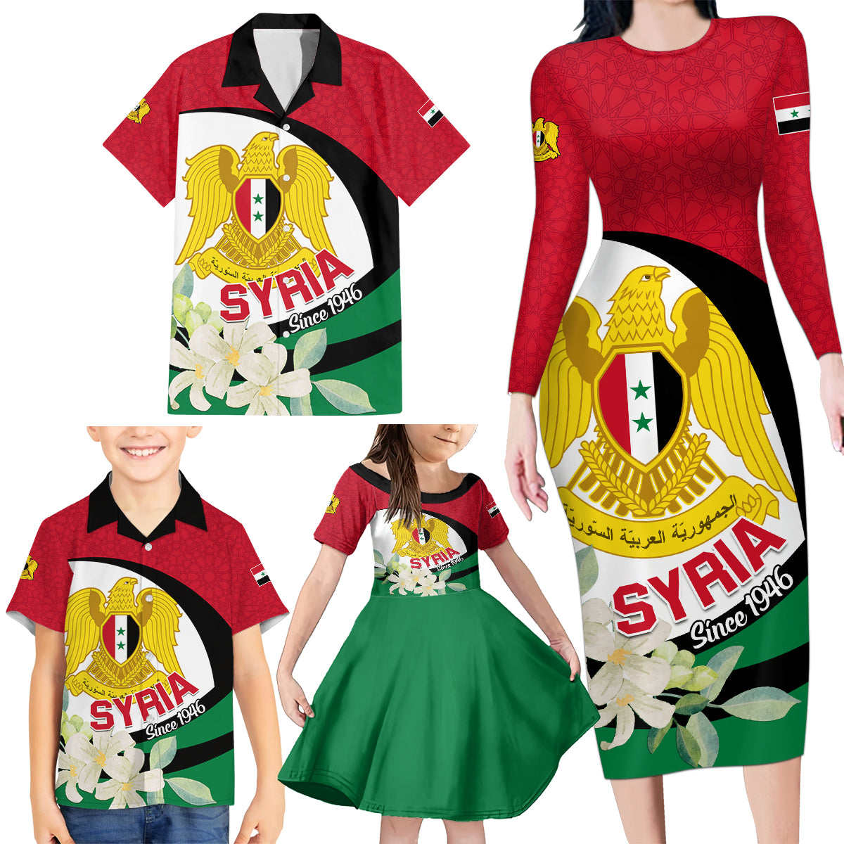 Syria Independence Day Family Matching Long Sleeve Bodycon Dress and Hawaiian Shirt Syrian Coat Of Arms With Jasmine Flower - Wonder Print Shop