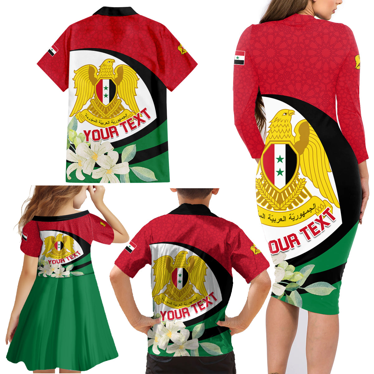 Syria Independence Day Family Matching Long Sleeve Bodycon Dress and Hawaiian Shirt Syrian Coat Of Arms With Jasmine Flower - Wonder Print Shop