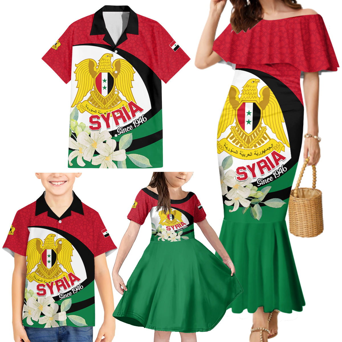 Syria Independence Day Family Matching Mermaid Dress and Hawaiian Shirt Syrian Coat Of Arms With Jasmine Flower - Wonder Print Shop