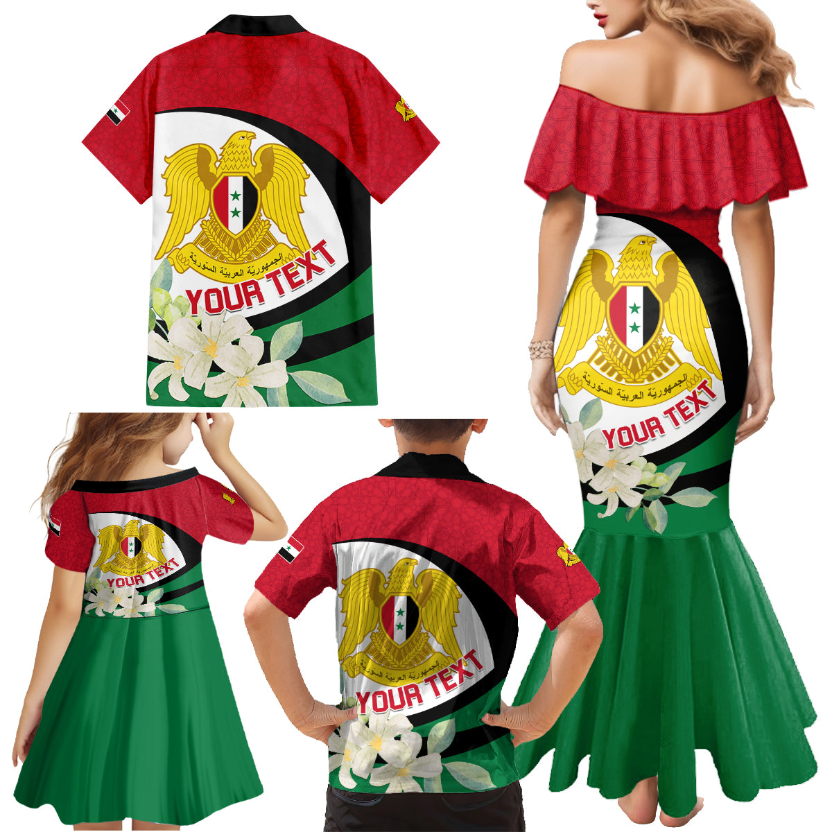 Syria Independence Day Family Matching Mermaid Dress and Hawaiian Shirt Syrian Coat Of Arms With Jasmine Flower - Wonder Print Shop