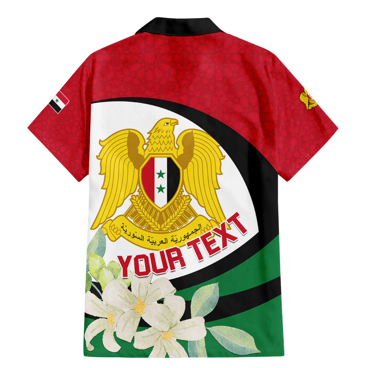 Syria Independence Day Family Matching Mermaid Dress and Hawaiian Shirt Syrian Coat Of Arms With Jasmine Flower - Wonder Print Shop