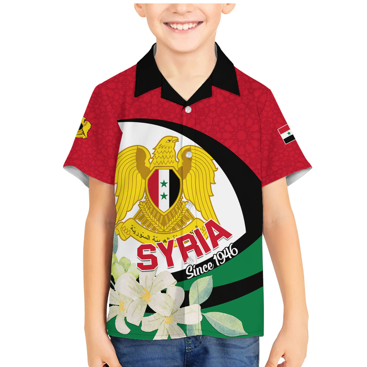 Syria Independence Day Family Matching Mermaid Dress and Hawaiian Shirt Syrian Coat Of Arms With Jasmine Flower - Wonder Print Shop