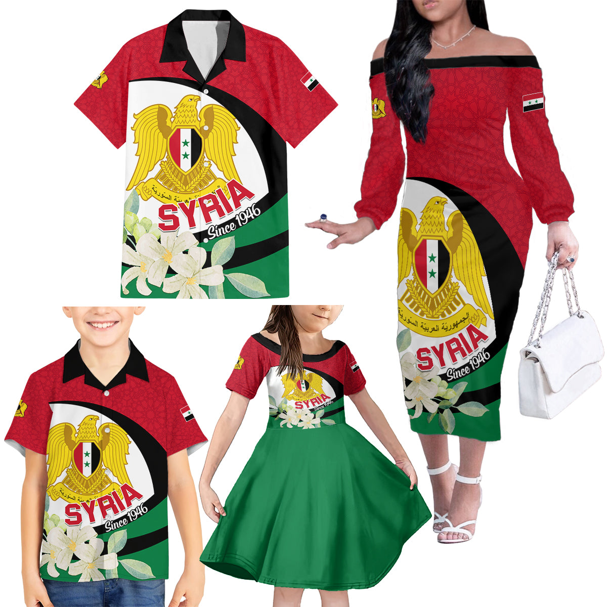 Syria Independence Day Family Matching Off Shoulder Long Sleeve Dress and Hawaiian Shirt Syrian Coat Of Arms With Jasmine Flower - Wonder Print Shop