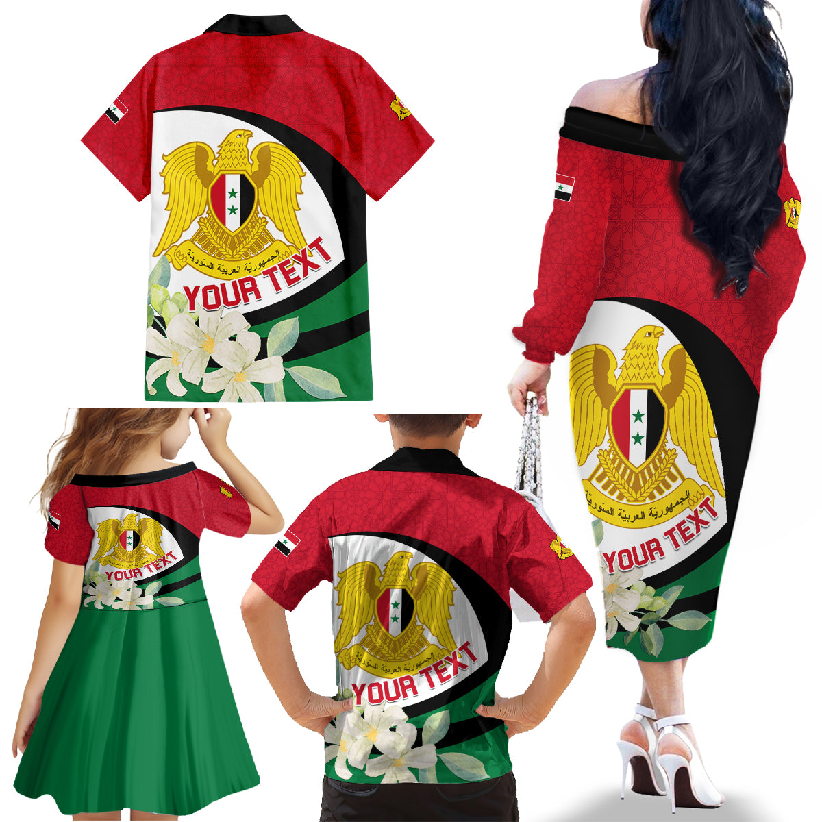 Syria Independence Day Family Matching Off Shoulder Long Sleeve Dress and Hawaiian Shirt Syrian Coat Of Arms With Jasmine Flower - Wonder Print Shop