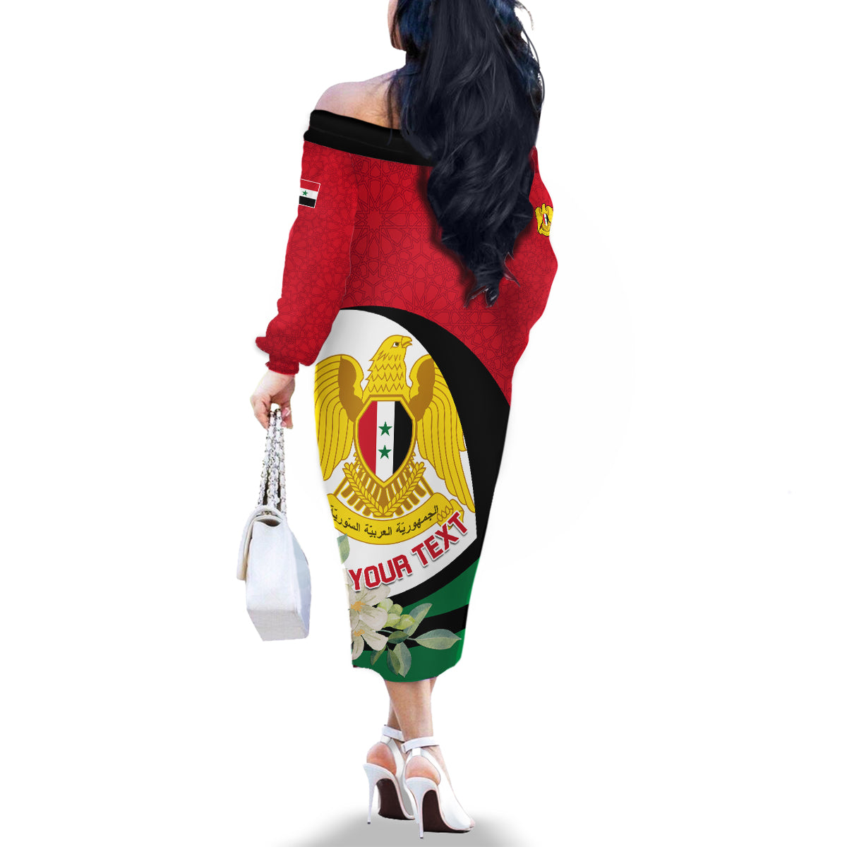 Syria Independence Day Family Matching Off Shoulder Long Sleeve Dress and Hawaiian Shirt Syrian Coat Of Arms With Jasmine Flower - Wonder Print Shop
