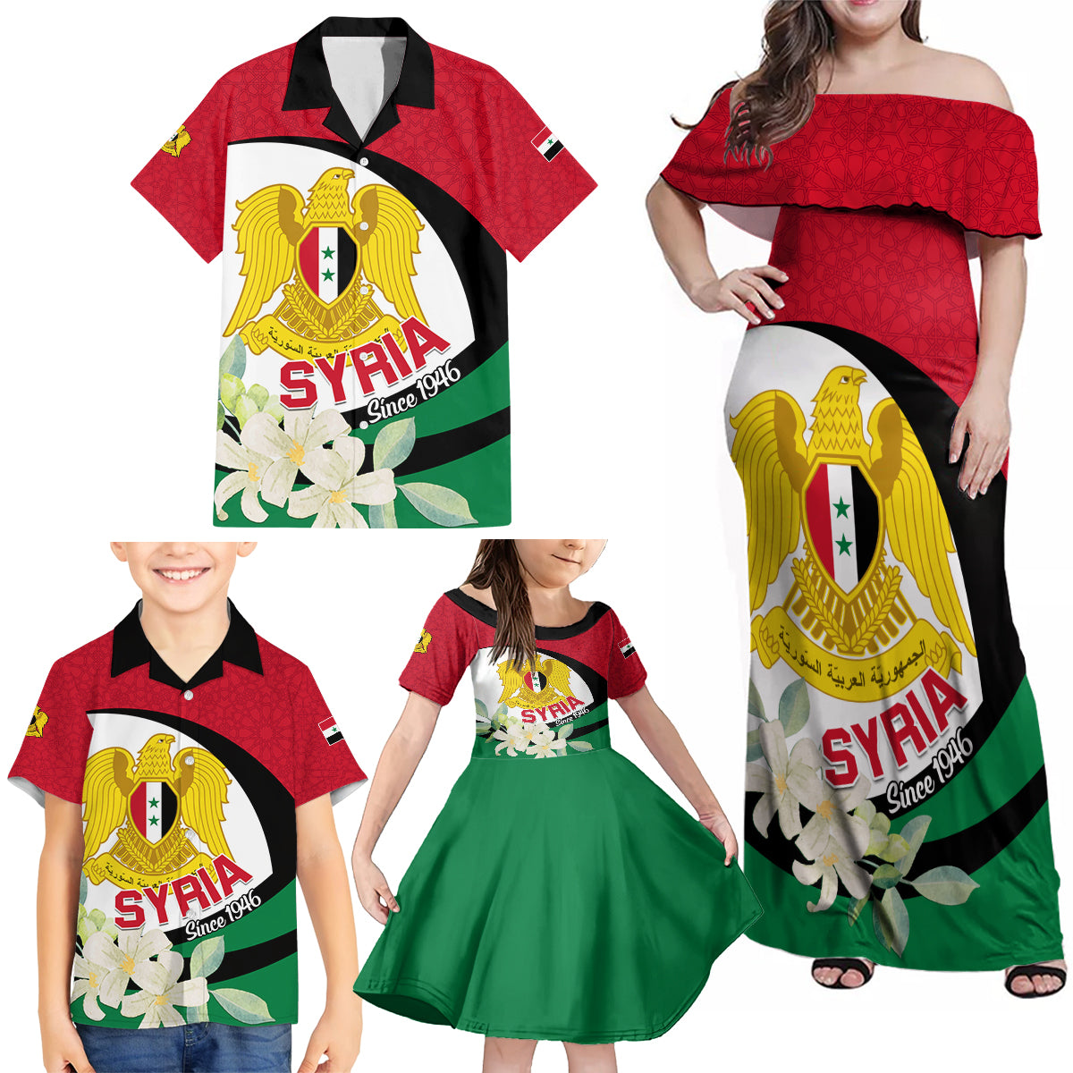 Syria Independence Day Family Matching Off Shoulder Maxi Dress and Hawaiian Shirt Syrian Coat Of Arms With Jasmine Flower - Wonder Print Shop