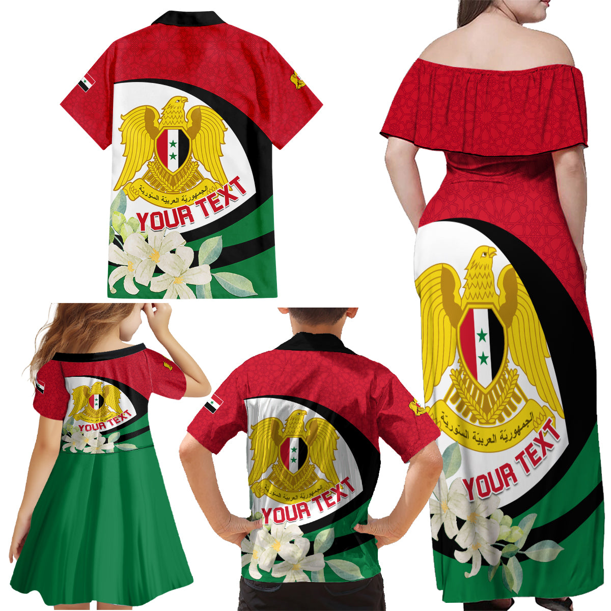 Syria Independence Day Family Matching Off Shoulder Maxi Dress and Hawaiian Shirt Syrian Coat Of Arms With Jasmine Flower - Wonder Print Shop