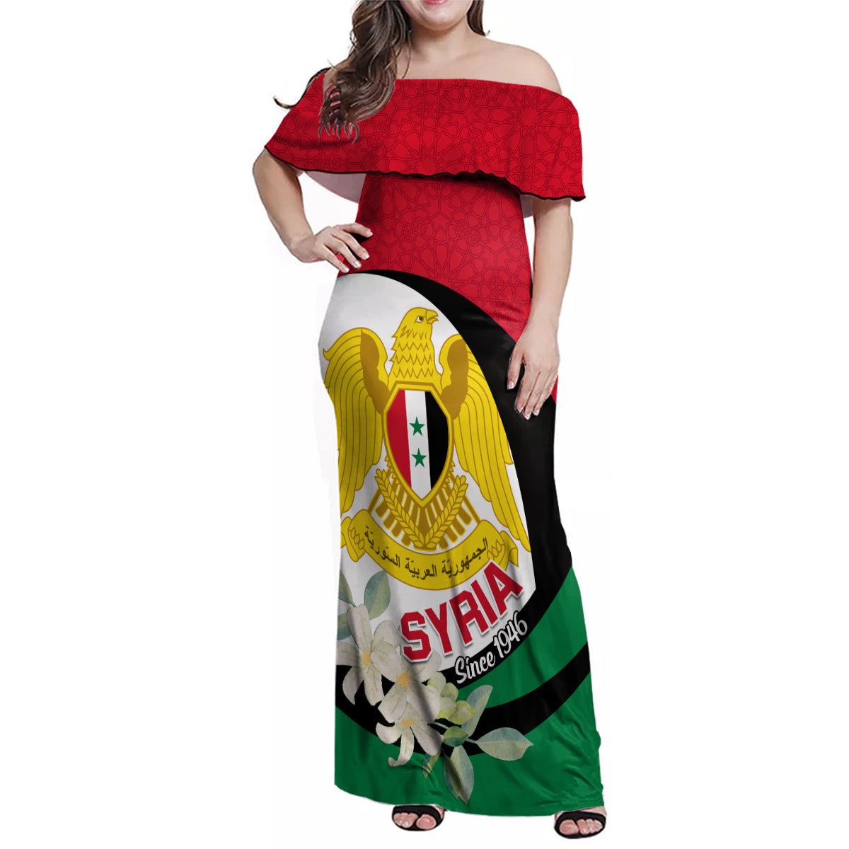Syria Independence Day Family Matching Off Shoulder Maxi Dress and Hawaiian Shirt Syrian Coat Of Arms With Jasmine Flower - Wonder Print Shop