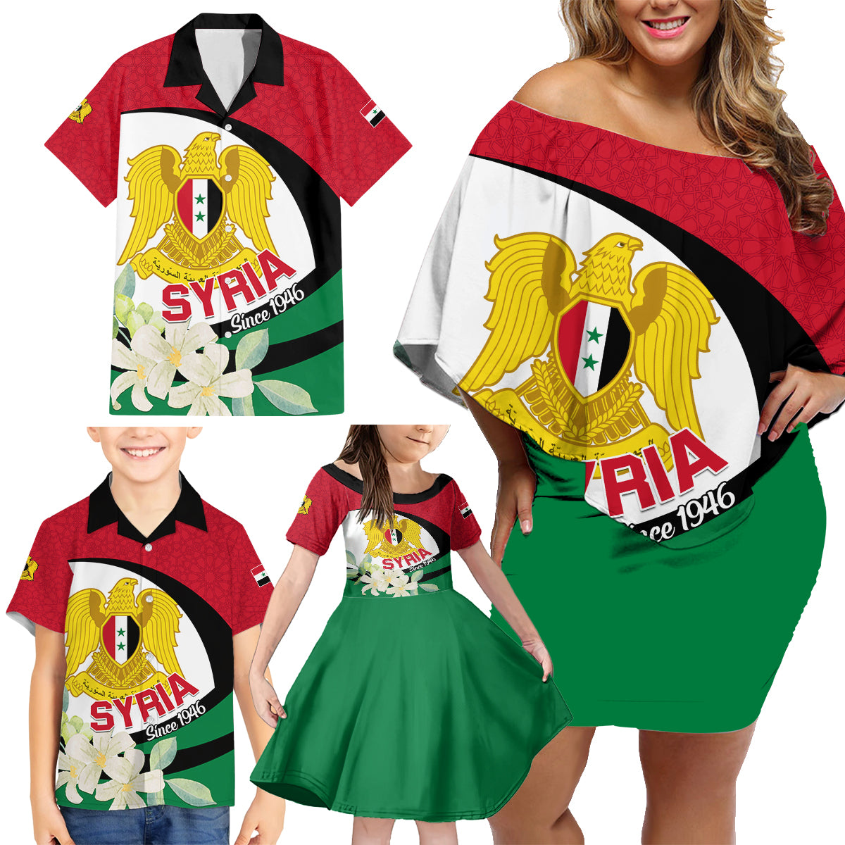Syria Independence Day Family Matching Off Shoulder Short Dress and Hawaiian Shirt Syrian Coat Of Arms With Jasmine Flower - Wonder Print Shop
