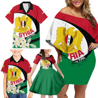 Syria Independence Day Family Matching Off Shoulder Short Dress and Hawaiian Shirt Syrian Coat Of Arms With Jasmine Flower - Wonder Print Shop