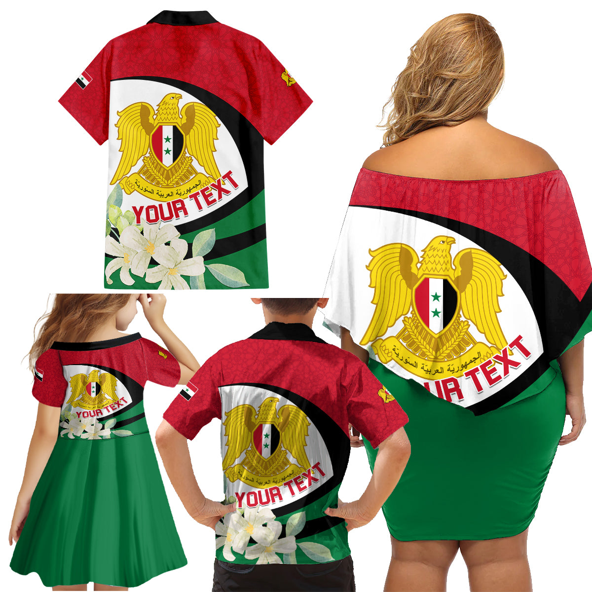 Syria Independence Day Family Matching Off Shoulder Short Dress and Hawaiian Shirt Syrian Coat Of Arms With Jasmine Flower - Wonder Print Shop
