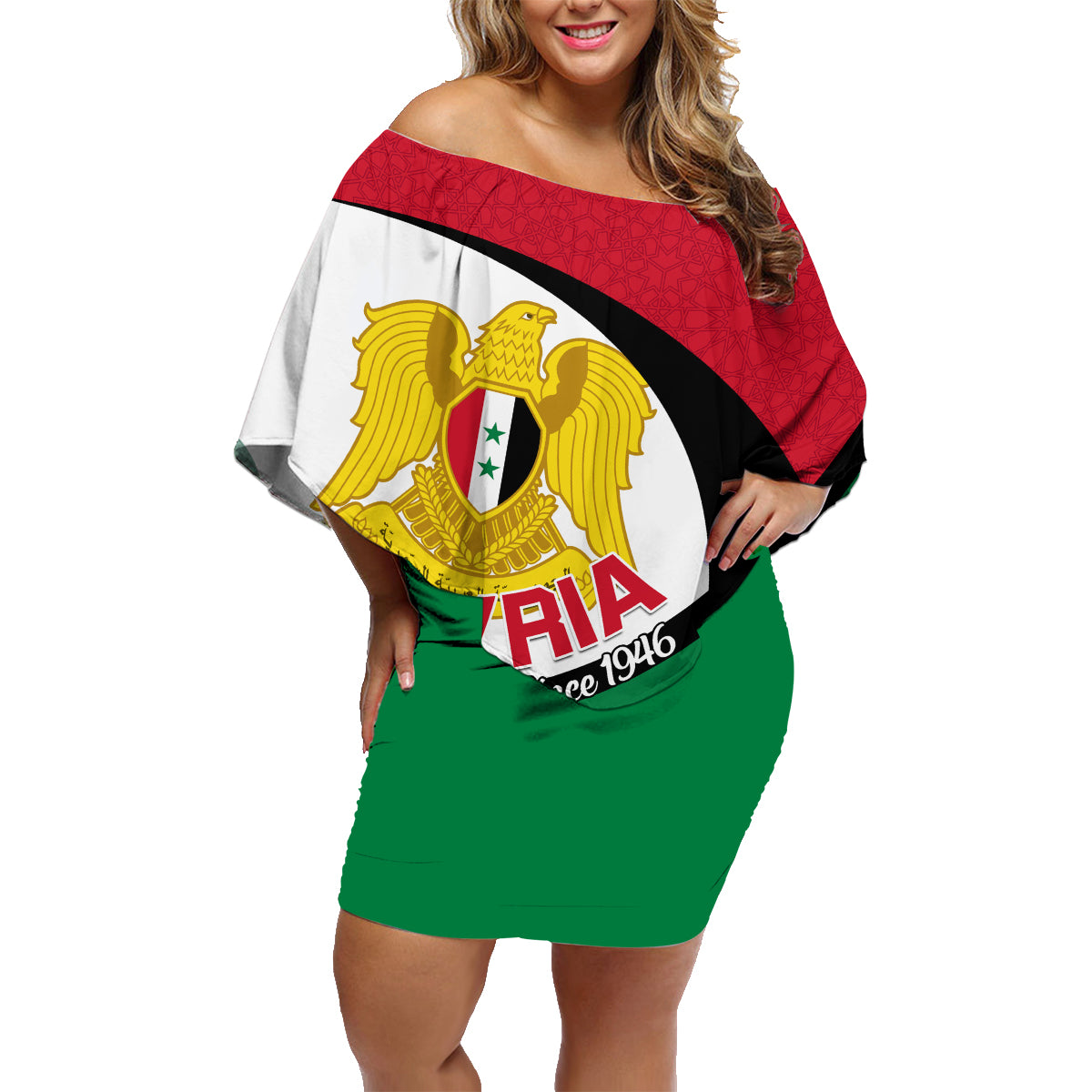 Syria Independence Day Family Matching Off Shoulder Short Dress and Hawaiian Shirt Syrian Coat Of Arms With Jasmine Flower - Wonder Print Shop