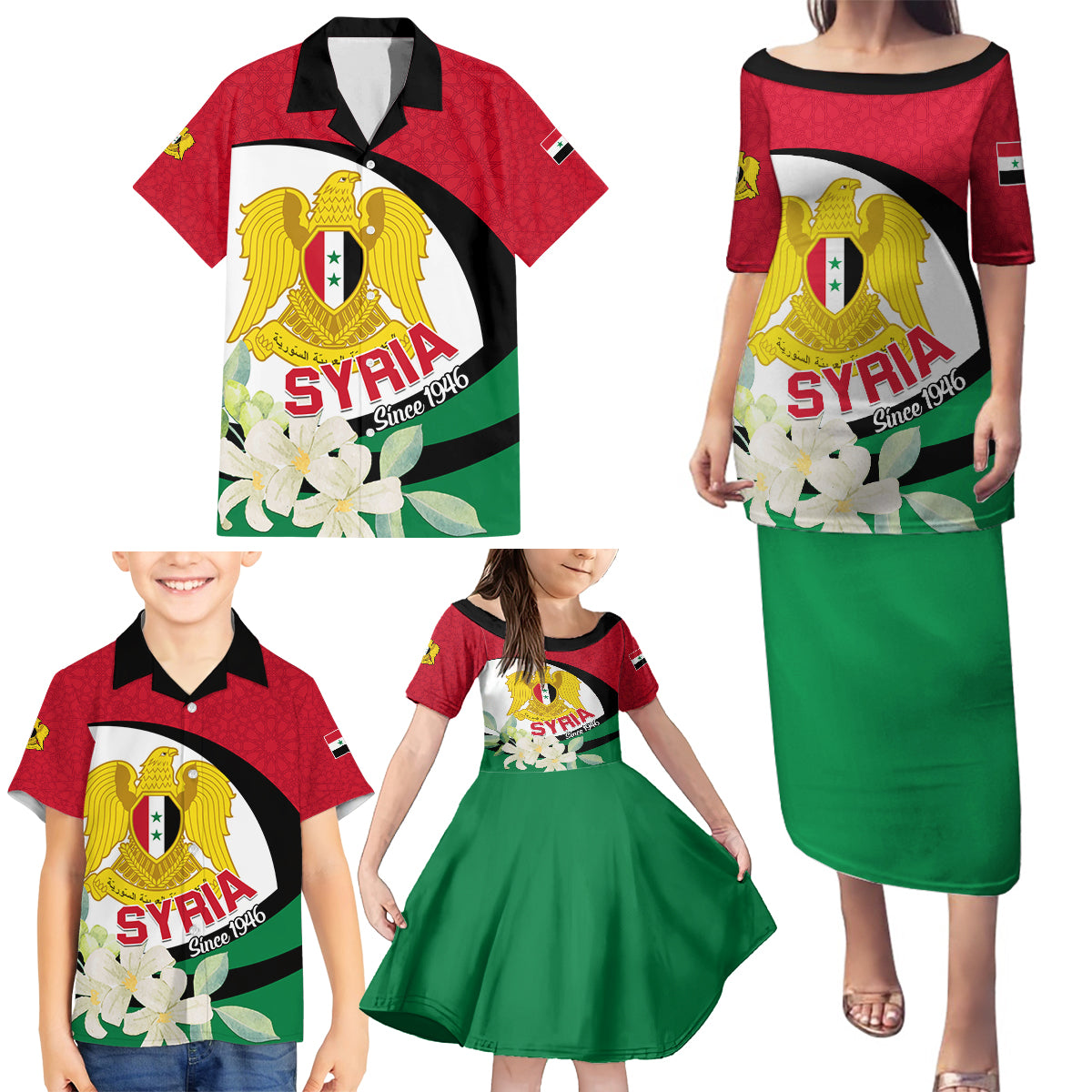 Syria Independence Day Family Matching Puletasi and Hawaiian Shirt Syrian Coat Of Arms With Jasmine Flower - Wonder Print Shop