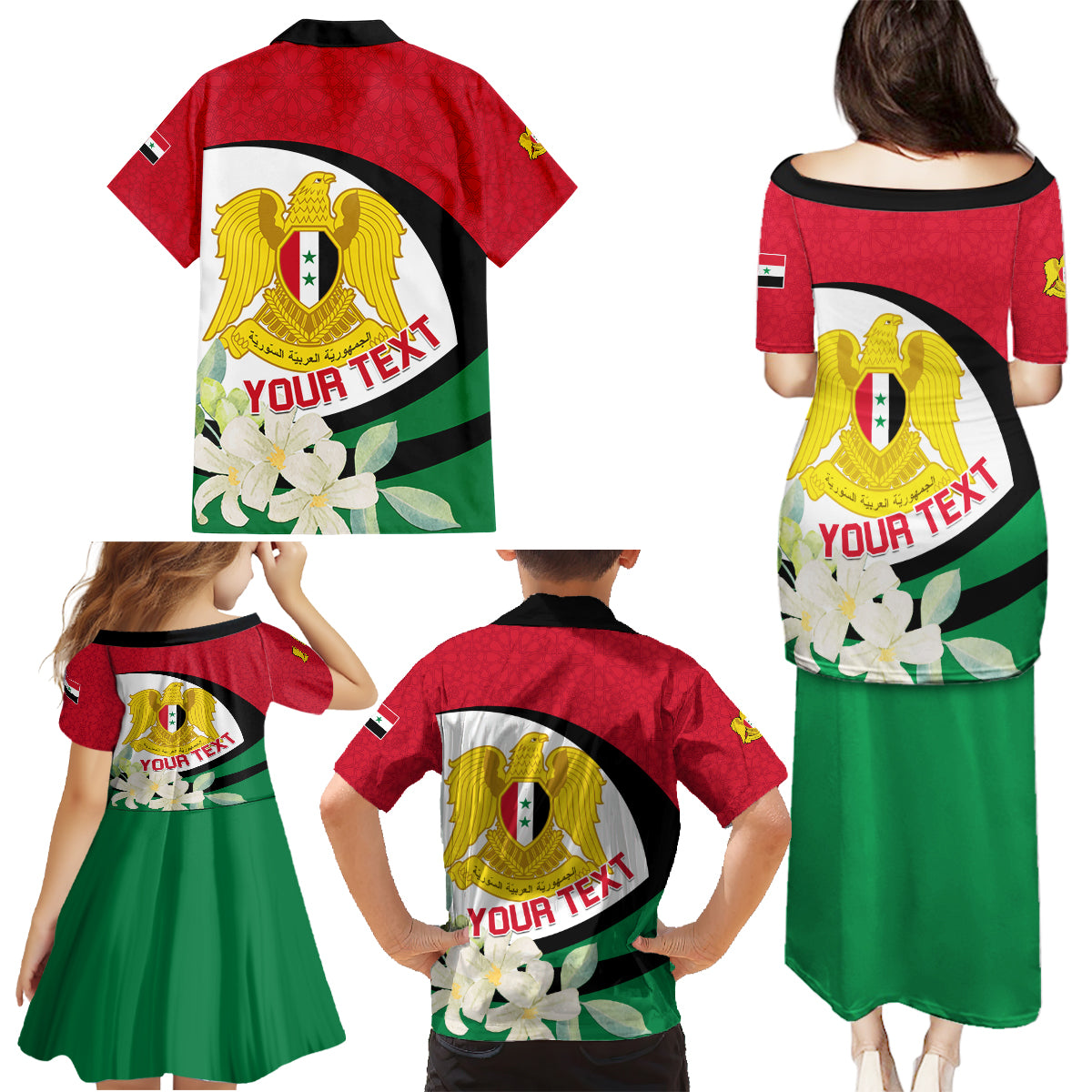 Syria Independence Day Family Matching Puletasi and Hawaiian Shirt Syrian Coat Of Arms With Jasmine Flower - Wonder Print Shop