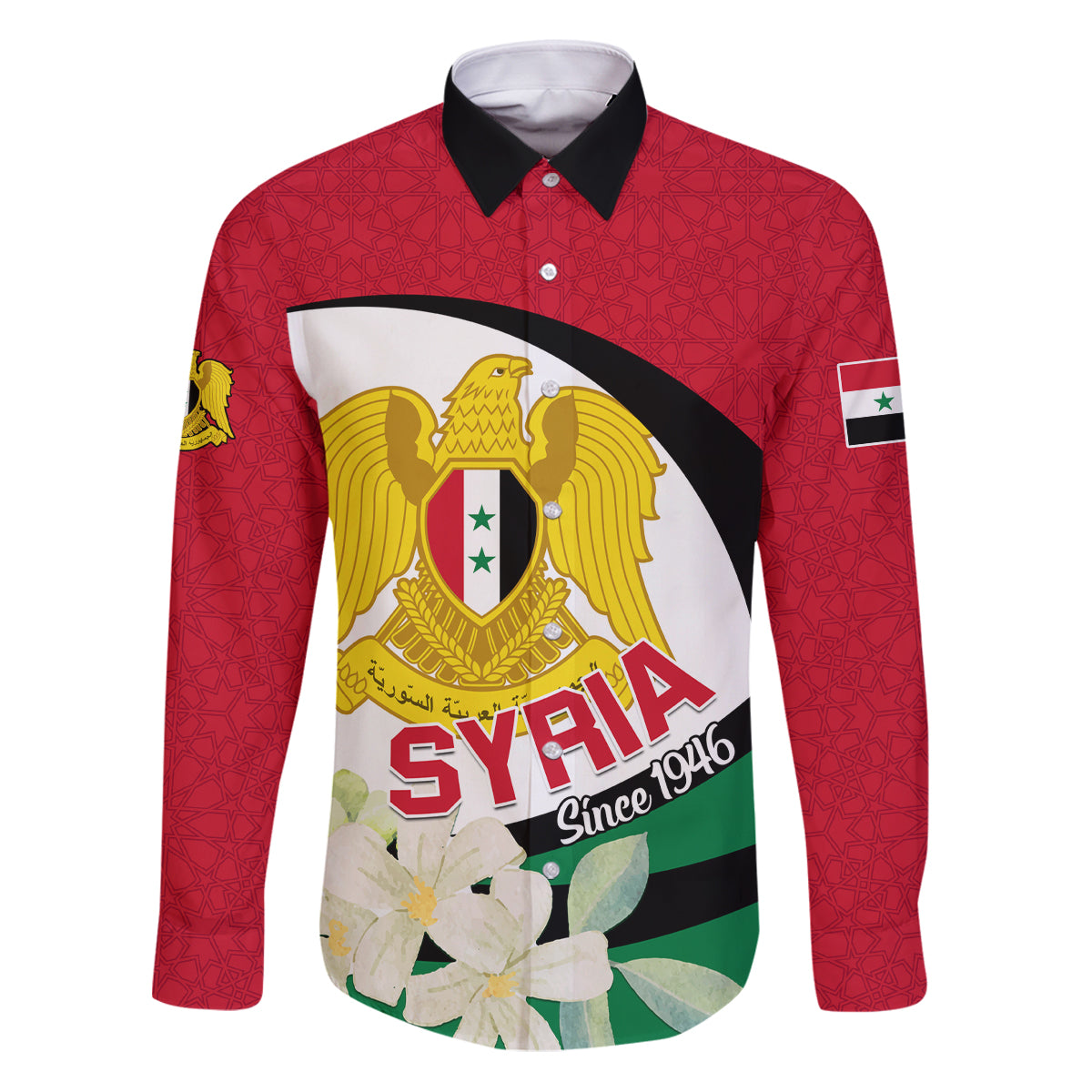 Syria Independence Day Family Matching Puletasi and Hawaiian Shirt Syrian Coat Of Arms With Jasmine Flower - Wonder Print Shop
