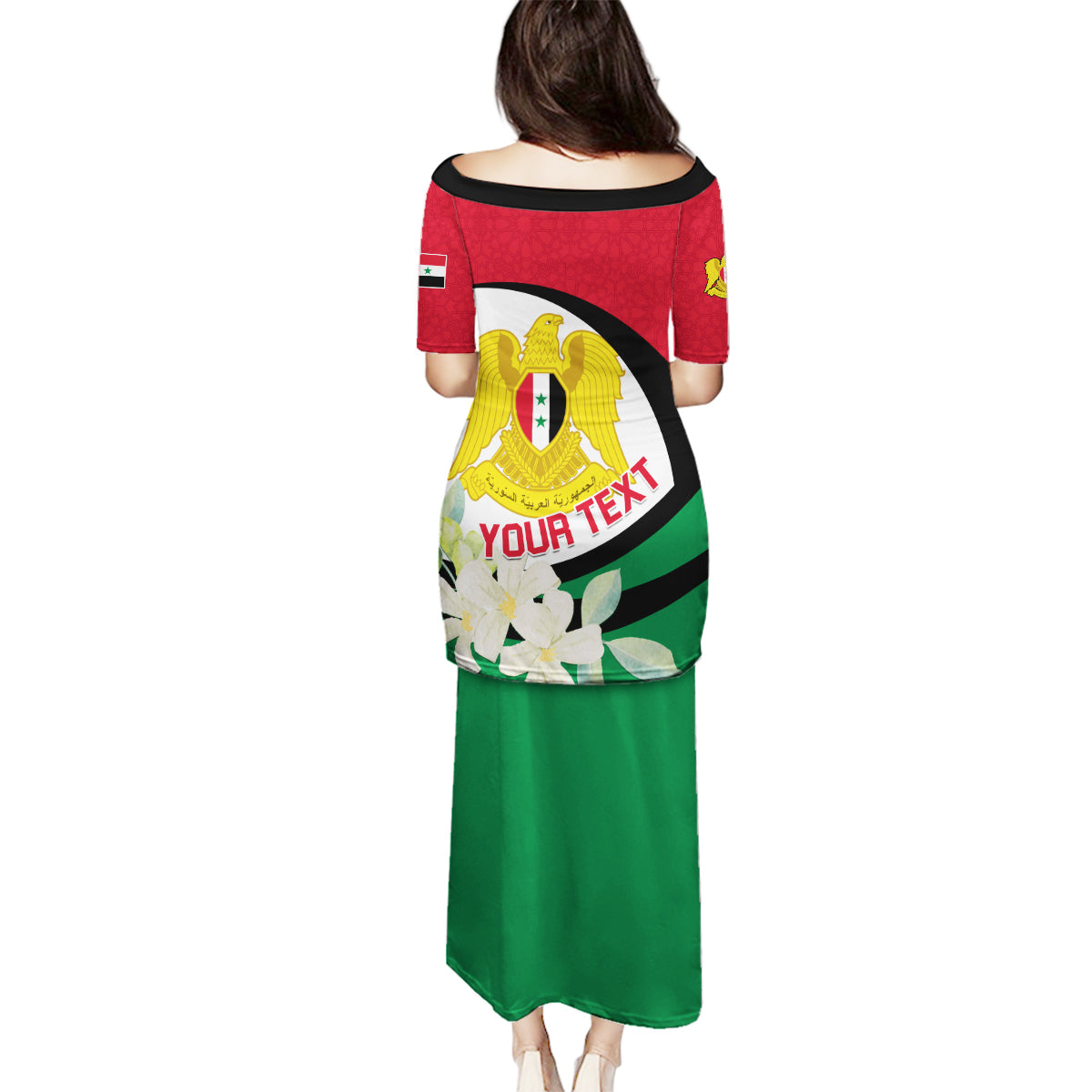 Syria Independence Day Family Matching Puletasi and Hawaiian Shirt Syrian Coat Of Arms With Jasmine Flower - Wonder Print Shop