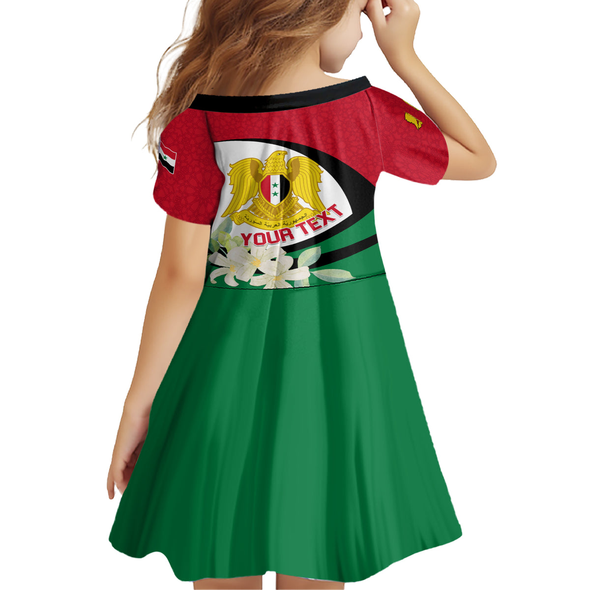 Syria Independence Day Family Matching Short Sleeve Bodycon Dress and Hawaiian Shirt Syrian Coat Of Arms With Jasmine Flower - Wonder Print Shop