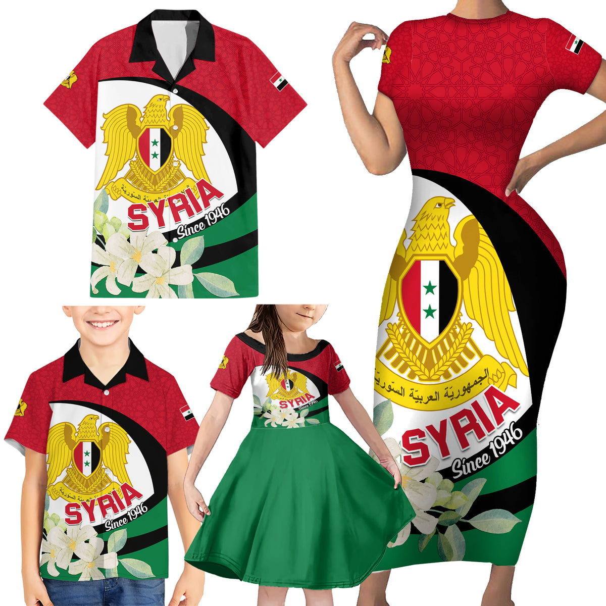 Syria Independence Day Family Matching Short Sleeve Bodycon Dress and Hawaiian Shirt Syrian Coat Of Arms With Jasmine Flower - Wonder Print Shop