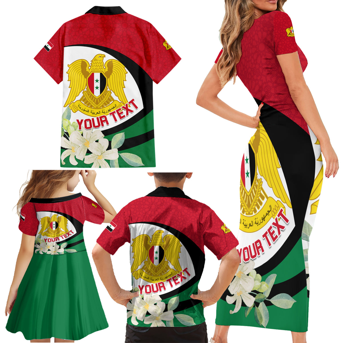Syria Independence Day Family Matching Short Sleeve Bodycon Dress and Hawaiian Shirt Syrian Coat Of Arms With Jasmine Flower - Wonder Print Shop
