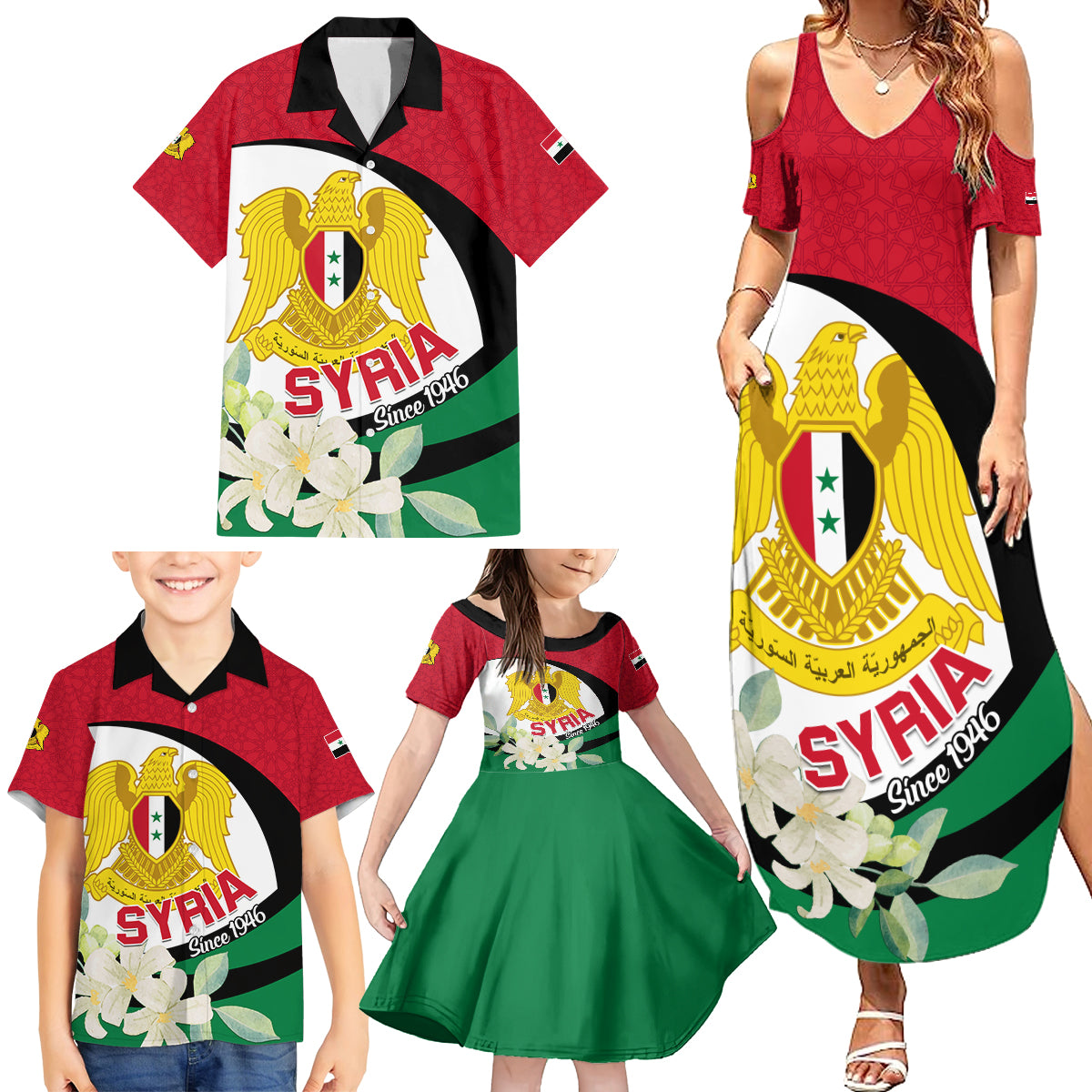 Syria Independence Day Family Matching Summer Maxi Dress and Hawaiian Shirt Syrian Coat Of Arms With Jasmine Flower - Wonder Print Shop