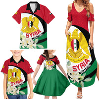 Syria Independence Day Family Matching Summer Maxi Dress and Hawaiian Shirt Syrian Coat Of Arms With Jasmine Flower - Wonder Print Shop