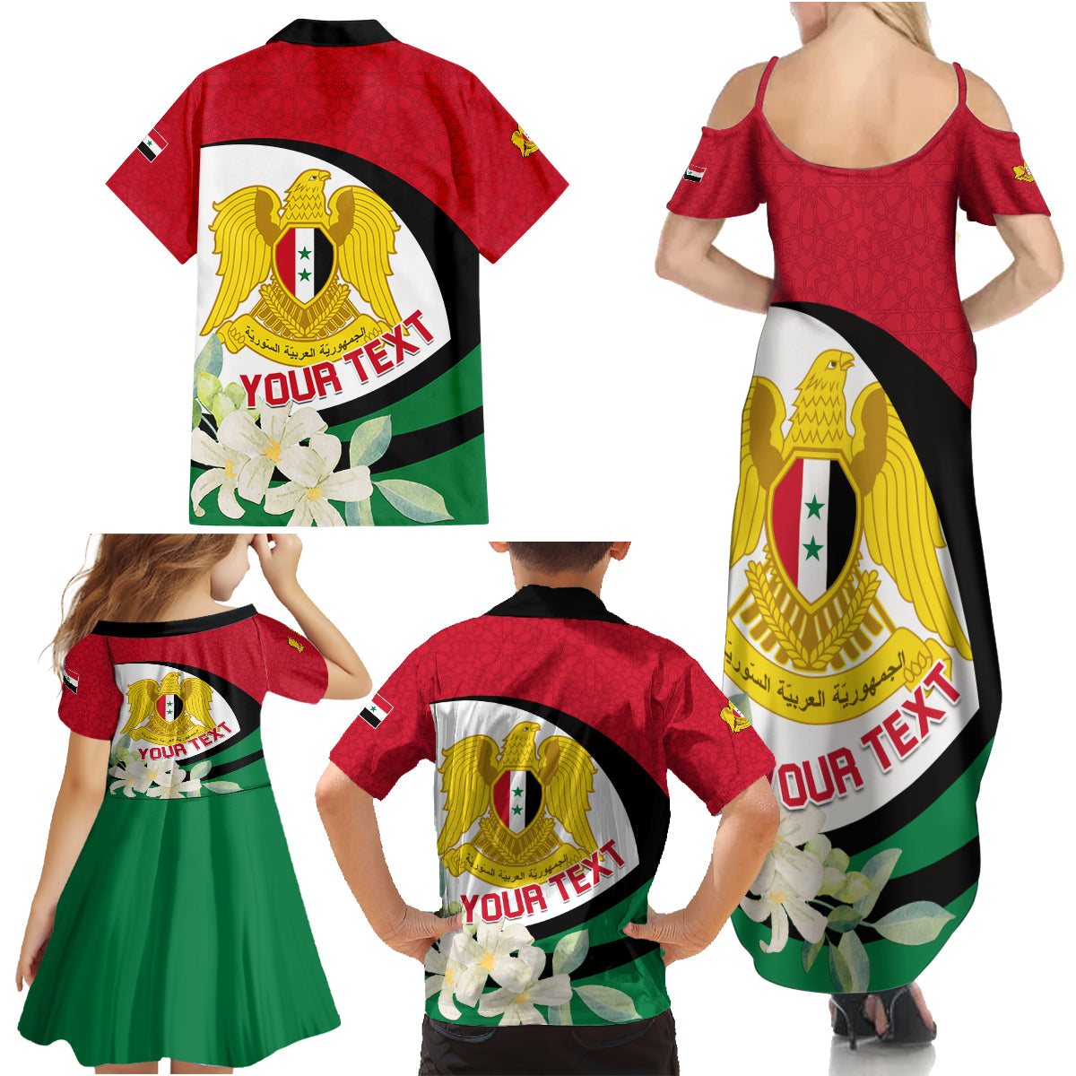 Syria Independence Day Family Matching Summer Maxi Dress and Hawaiian Shirt Syrian Coat Of Arms With Jasmine Flower - Wonder Print Shop