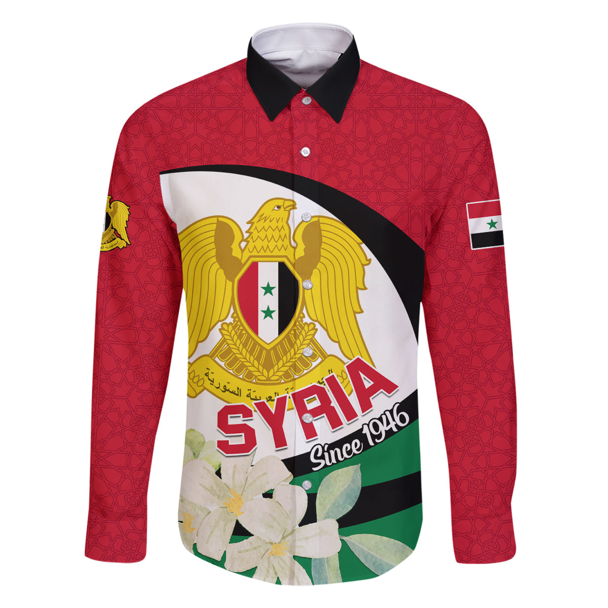 Syria Independence Day Family Matching Summer Maxi Dress and Hawaiian Shirt Syrian Coat Of Arms With Jasmine Flower - Wonder Print Shop