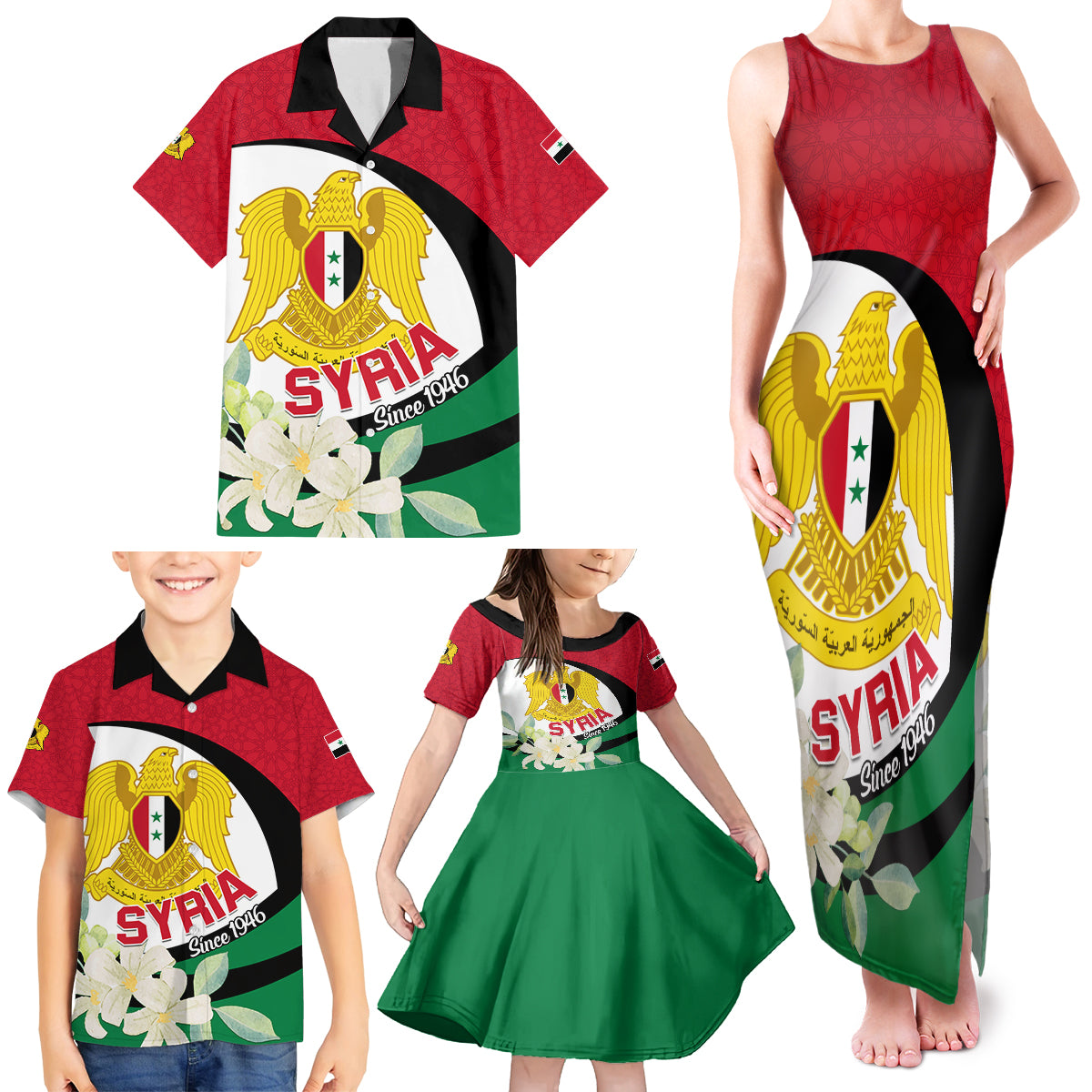 Syria Independence Day Family Matching Tank Maxi Dress and Hawaiian Shirt Syrian Coat Of Arms With Jasmine Flower - Wonder Print Shop