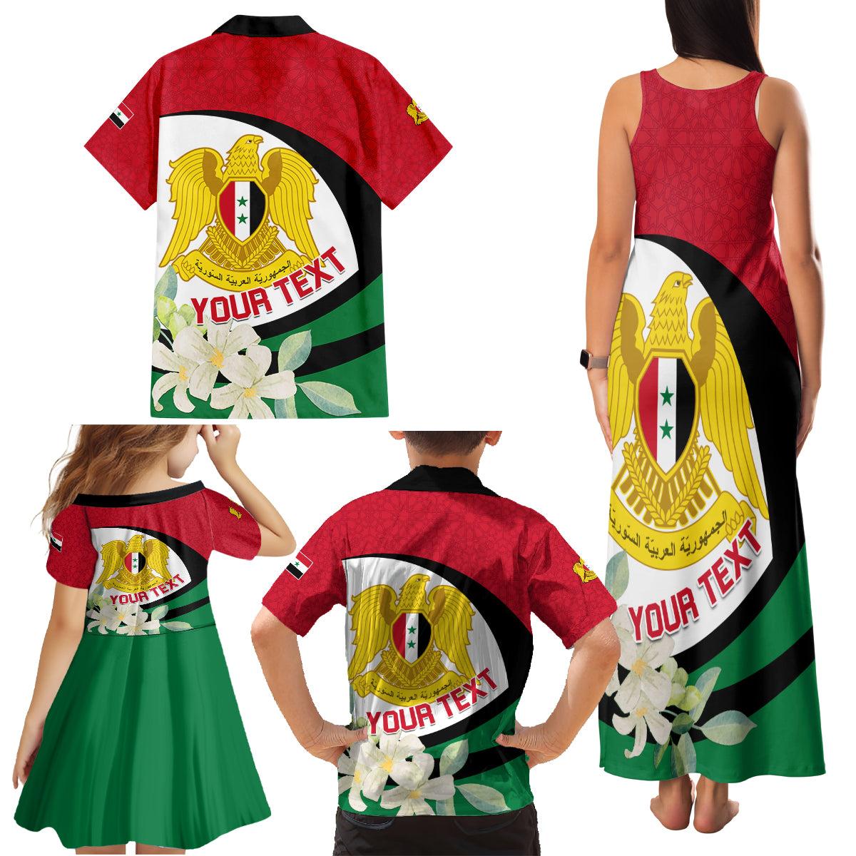 Syria Independence Day Family Matching Tank Maxi Dress and Hawaiian Shirt Syrian Coat Of Arms With Jasmine Flower - Wonder Print Shop