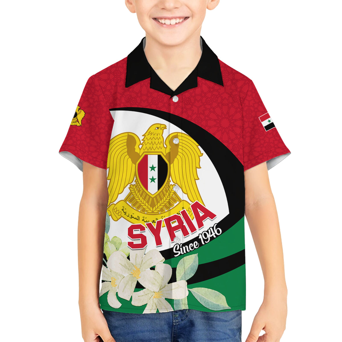 Syria Independence Day Family Matching Tank Maxi Dress and Hawaiian Shirt Syrian Coat Of Arms With Jasmine Flower - Wonder Print Shop