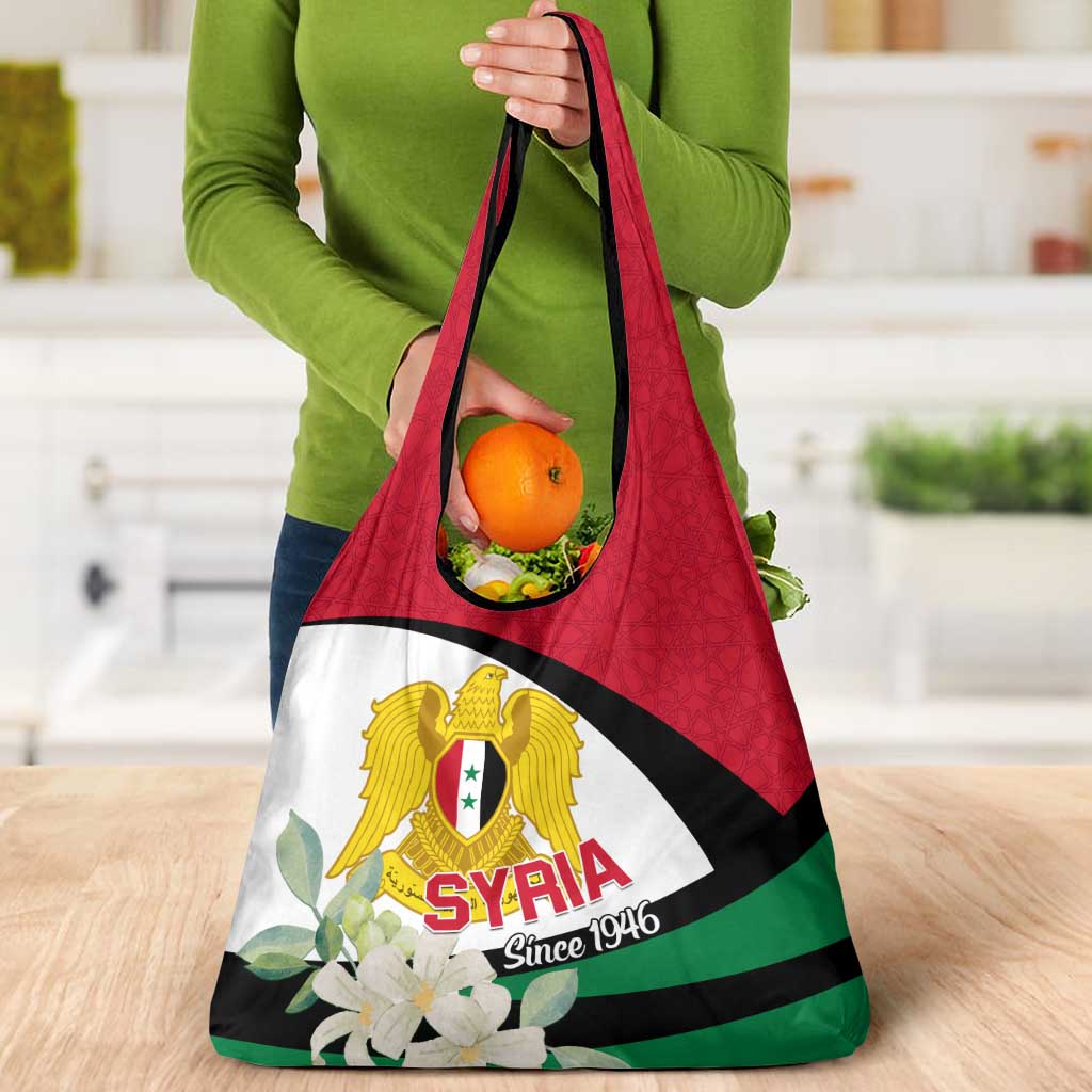 Syria Independence Day Grocery Bag Syrian Coat Of Arms With Jasmine Flower
