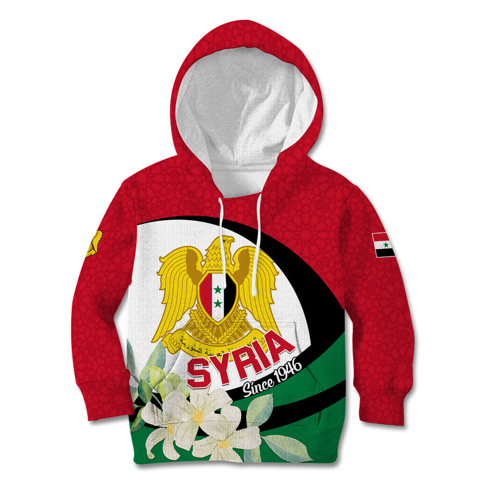 Syria Independence Day Kid Hoodie Syrian Coat Of Arms With Jasmine Flower - Wonder Print Shop