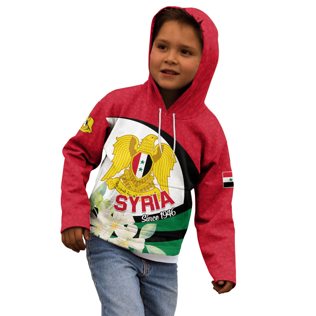 Syria Independence Day Kid Hoodie Syrian Coat Of Arms With Jasmine Flower - Wonder Print Shop