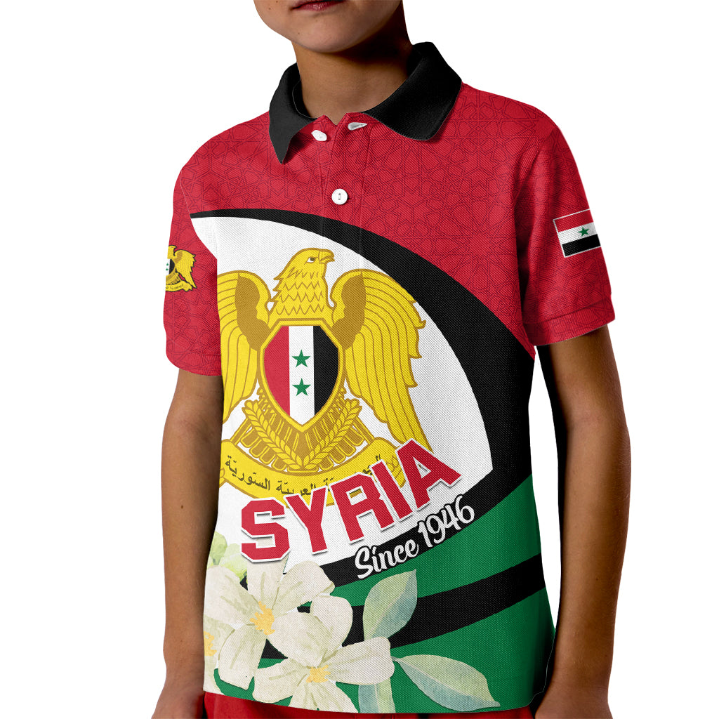 Syria Independence Day Kid Polo Shirt Syrian Coat Of Arms With Jasmine Flower - Wonder Print Shop