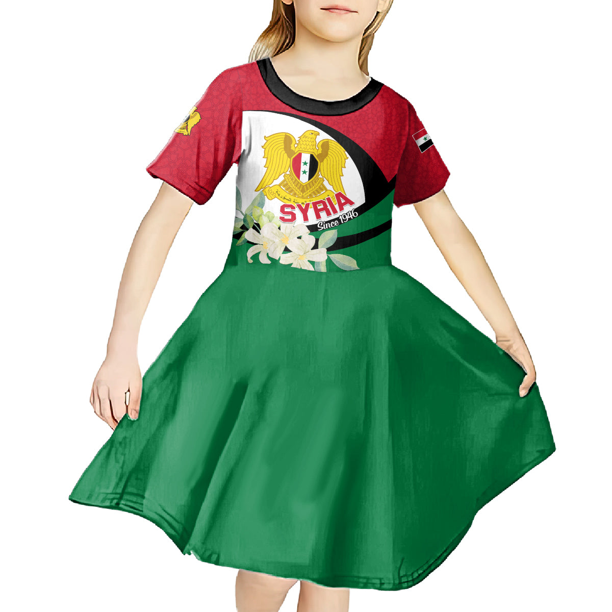 Syria Independence Day Kid Short Sleeve Dress Syrian Coat Of Arms With Jasmine Flower - Wonder Print Shop