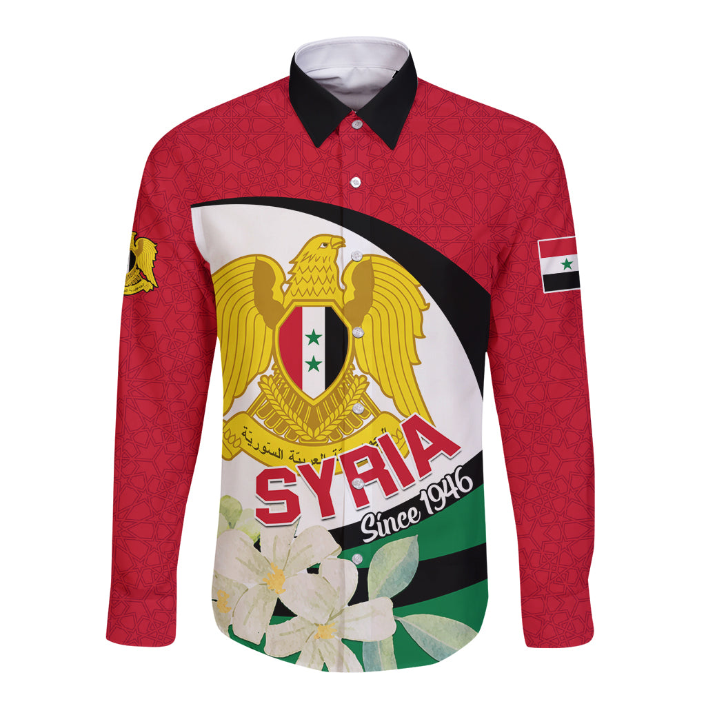Syria Independence Day Long Sleeve Button Shirt Syrian Coat Of Arms With Jasmine Flower - Wonder Print Shop