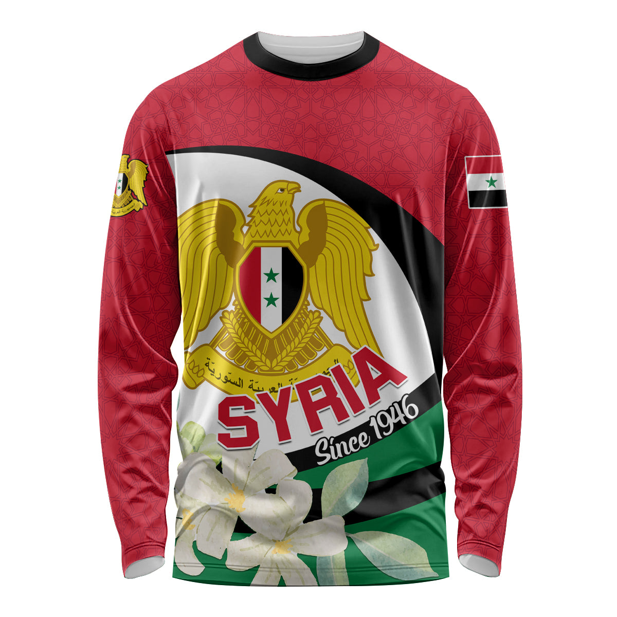 Syria Independence Day Long Sleeve Shirt Syrian Coat Of Arms With Jasmine Flower - Wonder Print Shop