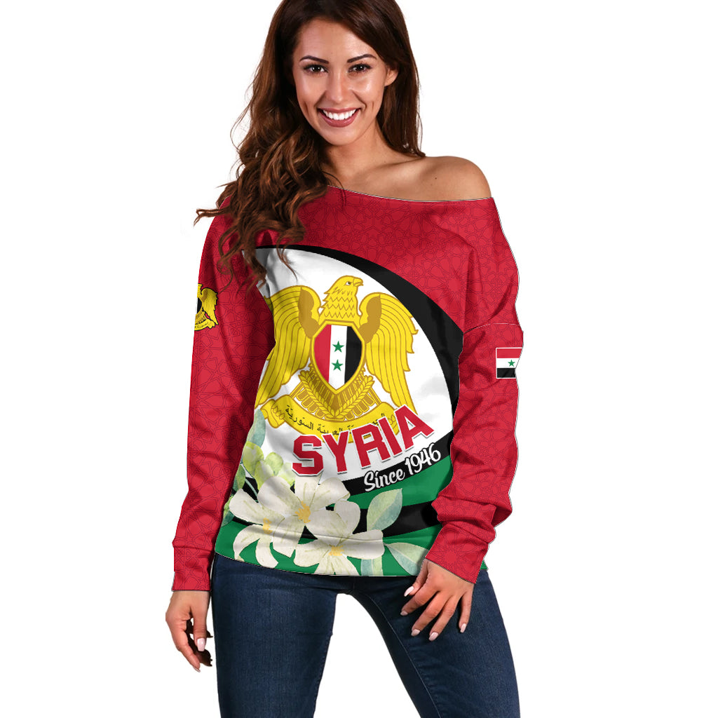 Syria Independence Day Off Shoulder Sweater Syrian Coat Of Arms With Jasmine Flower - Wonder Print Shop
