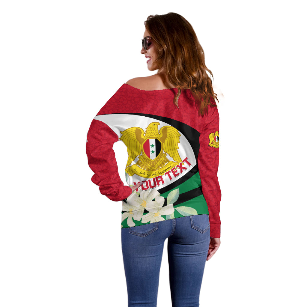 Syria Independence Day Off Shoulder Sweater Syrian Coat Of Arms With Jasmine Flower - Wonder Print Shop