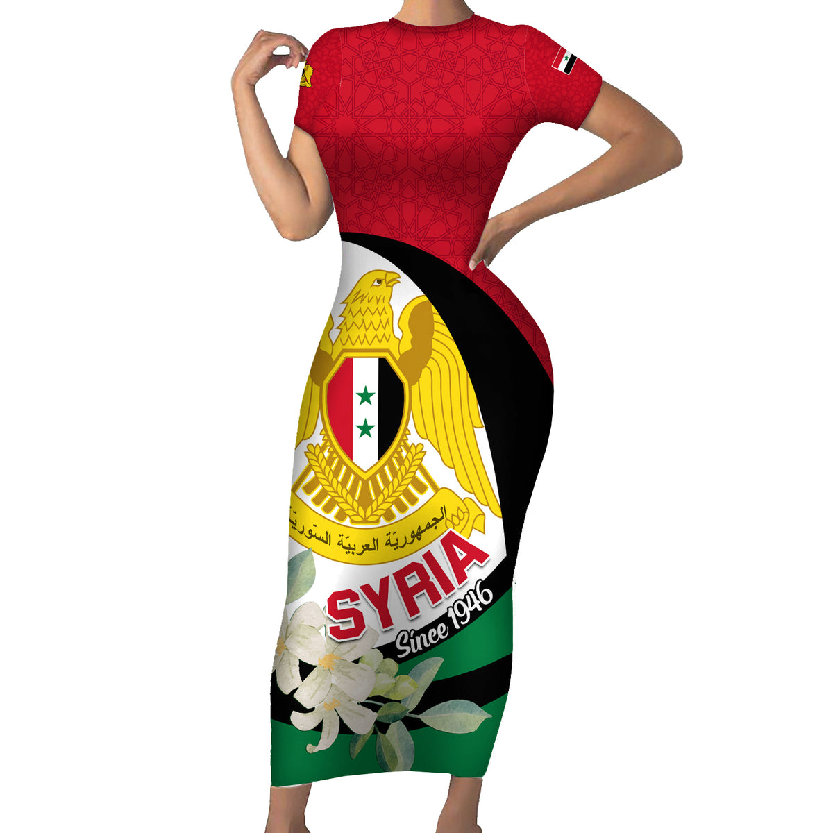 Syria Independence Day Short Sleeve Bodycon Dress Syrian Coat Of Arms With Jasmine Flower - Wonder Print Shop